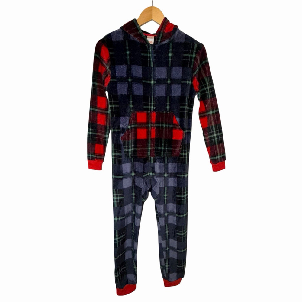 Cat & Jack Boys‎ Christmas 1-Piece Suit Red Blue Plaid Fleece 1/4 Zip Jumper Lrg